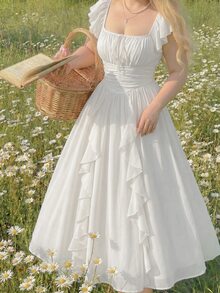 SHEIN MOD 大尺碼女款純色方領荷葉袖前綁帶百褶優雅束腰性感仙女風度假約會洋裝 白色夏季 - 白色 - 查看 1