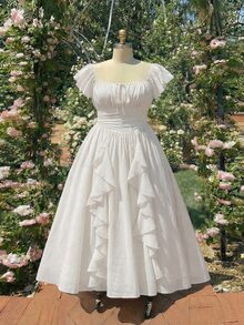 SHEIN MOD 大尺碼女款純色方領荷葉袖前綁帶百褶優雅束腰性感仙女風度假約會洋裝 白色夏季 - 白色 - 查看 3
