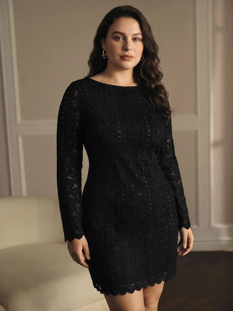 MOTF PLUS SIZE AUTUMN/WINTER LACE OVERLAY LONG SLEEVE SHORT BOAT NECK DRESS WITHOUT BELT
