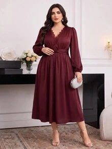 Feyla Plus Size Women Solid Color Contrast Lace V-Neck Waist Twist Elegant Dress - Burgundy - View 5