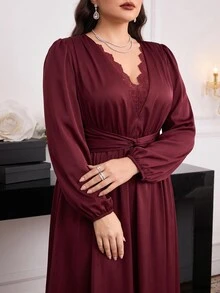 Feyla Plus Size Women Solid Color Contrast Lace V-Neck Waist Twist Elegant Dress - Burgundy - View 6