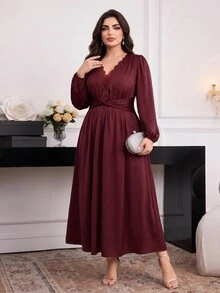 Feyla Plus Size Women Solid Color Contrast Lace V-Neck Waist Twist Elegant Dress - Burgundy - View 7