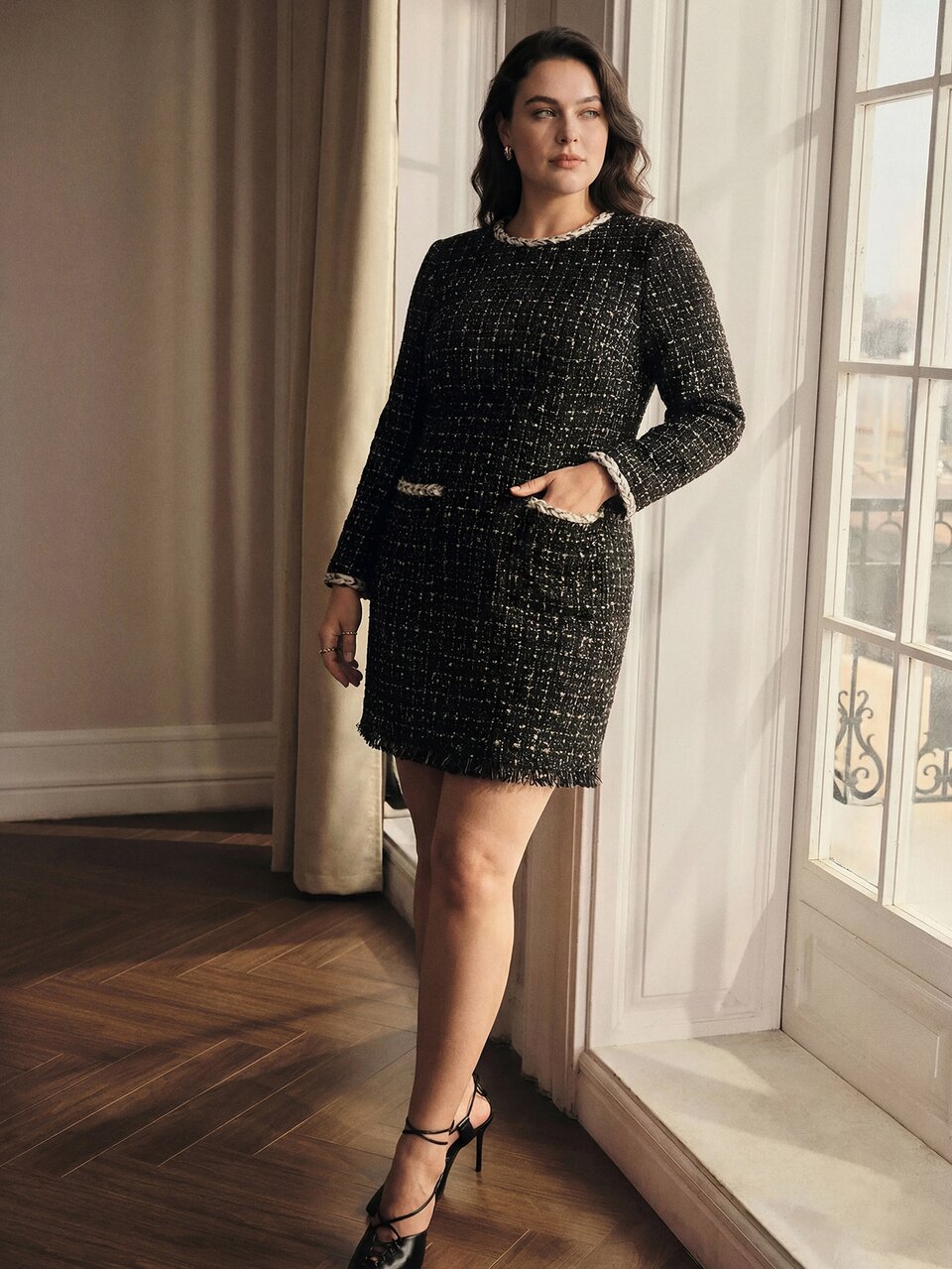 MOTF PLUS AUTUMN/WINTER TWEED LONG SLEEVE SHORT DRESS