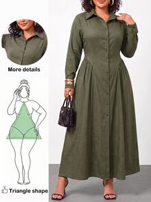 Truni Plus-Size Women's Long Shirt Dress With A Fitted Waist And A-Line Silhouette, Suitable For Commuting  Fall/Winter Dress Work Wear Women - Green - View 1