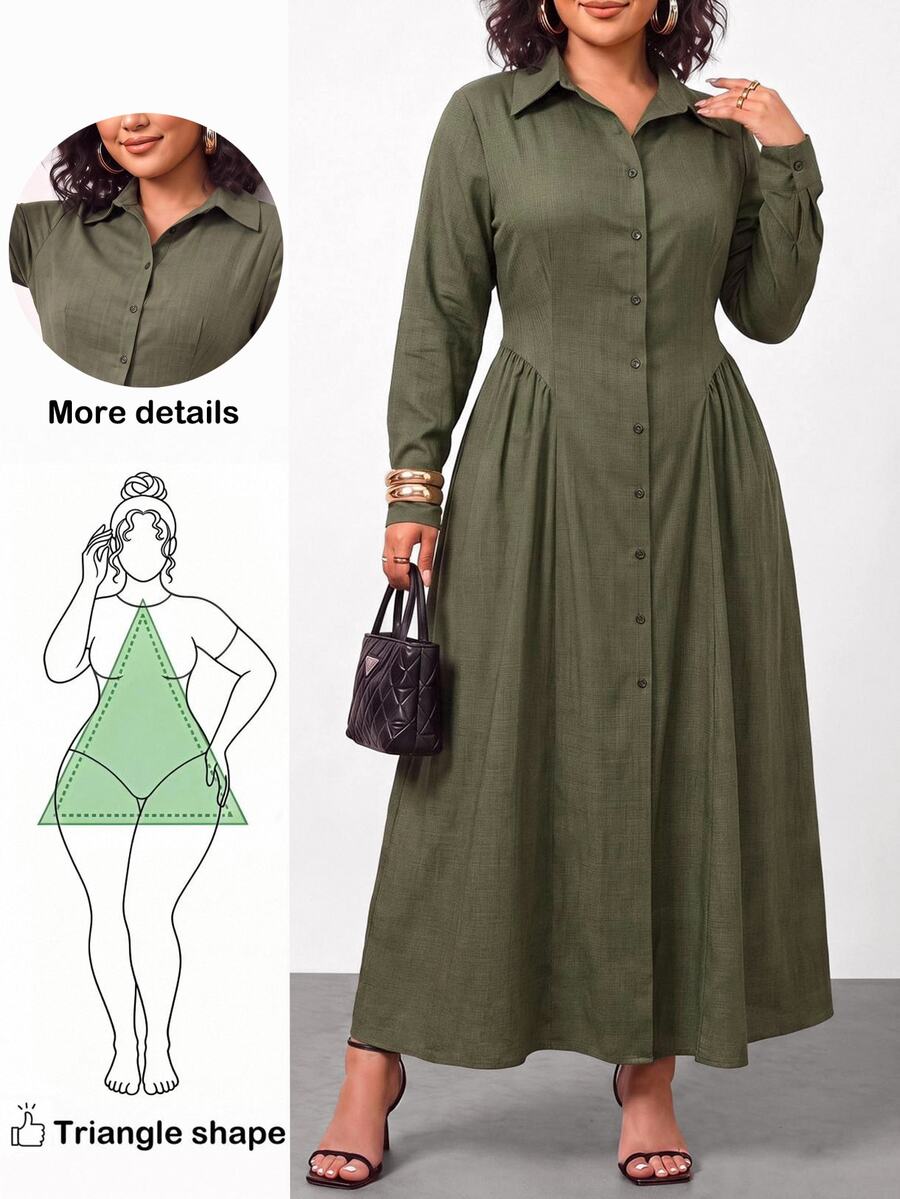 Truni Plus-Size Women's Long Shirt Dress With A Fitted Waist And A-Line Silhouette, Suitable For Commuting Fall/Winter Dress Work Wear Women - Green - View 1