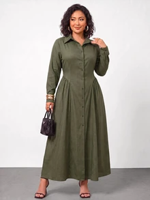 Truni Plus-Size Women's Long Shirt Dress With A Fitted Waist And A-Line Silhouette, Suitable For Commuting  Fall/Winter Dress Work Wear Women - Green - View 5
