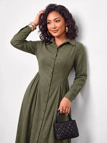Truni Plus-Size Women's Long Shirt Dress With A Fitted Waist And A-Line Silhouette, Suitable For Commuting  Fall/Winter Dress Work Wear Women - Green - View 3