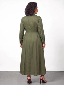 Truni Plus-Size Women's Long Shirt Dress With A Fitted Waist And A-Line Silhouette, Suitable For Commuting  Fall/Winter Dress Work Wear Women - Green - View 2