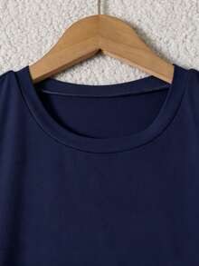 女童夏季海軍藍短袖T恤短褲兩件套，短版上衣+套裝，休閒運動風大童女孩學生校園健身穿搭 - 藏蓝色 - 查看 5