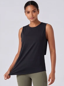 Easithlete Women's Solid Color Casual Modest Athleisure Versatile Daily Travel Sports T-Shirt Gym All Black Summer Gym - Black - View 5