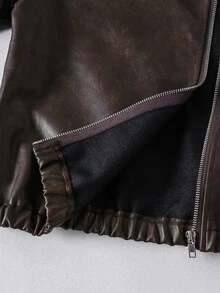 SHEIN 青少年女孩長袖抓絨秋季服飾，休閒日常穿搭，高品質校園通勤 Ins 風格，百搭 PU 皮革翻領寬鬆夾克外套 - 棕色 - 查看 7