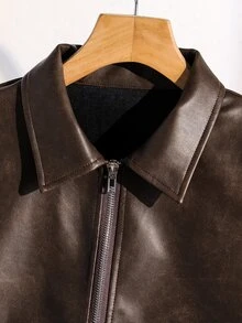 SHEIN 青少年女孩長袖抓絨秋季服飾，休閒日常穿搭，高品質校園通勤 Ins 風格，百搭 PU 皮革翻領寬鬆夾克外套 - 棕色 - 查看 6