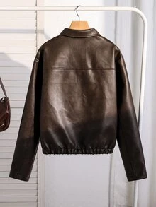 SHEIN 青少年女孩長袖抓絨秋季服飾，休閒日常穿搭，高品質校園通勤 Ins 風格，百搭 PU 皮革翻領寬鬆夾克外套 - 棕色 - 查看 3