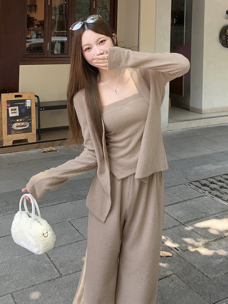 DAZY Women's Autumn Casual Solid Color Cardigan Bandeau Top And Pants Set Cute Tops - Apricot - View 1