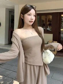 DAZY Women's Autumn Casual Solid Color Cardigan Bandeau Top And Pants Set Cute Tops - Apricot - View 8
