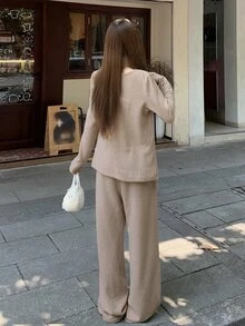 DAZY Women's Autumn Casual Solid Color Cardigan Bandeau Top And Pants Set Cute Tops - Apricot - View 2