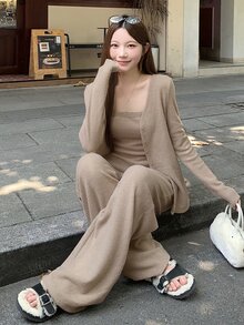 DAZY Women's Autumn Casual Solid Color Cardigan Bandeau Top And Pants Set Cute Tops - Apricot - View 9