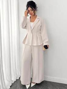 Elenzga طقم نسائي أنيق بمقاسات كبيرة كاجوال بلون موحد مع ياقة منقطة وجاكيت بأكمام طويلة وبنطال واسع الساق - كاكي - مشاهدة 7