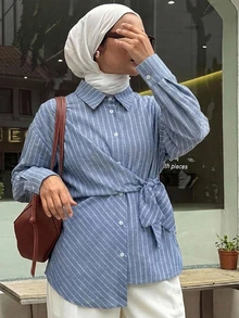 DAZY Women's Striped Dropped Shoulder Long Sleeve Single-Breasted Waist Tie Shirt Fall - Blue - View 3