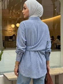 DAZY Women's Striped Dropped Shoulder Long Sleeve Single-Breasted Waist Tie Shirt Fall - Blue - View 2