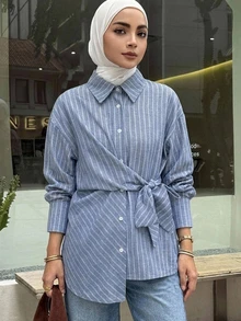 DAZY Women's Striped Dropped Shoulder Long Sleeve Single-Breasted Waist Tie Shirt Fall - Blue - View 6