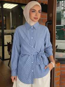 DAZY Women's Striped Dropped Shoulder Long Sleeve Single-Breasted Waist Tie Shirt Fall - Blue - View 7