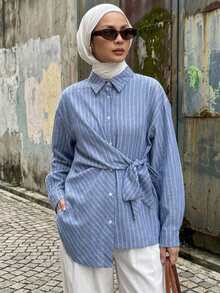 DAZY Women's Striped Dropped Shoulder Long Sleeve Single-Breasted Waist Tie Shirt Fall - Blue - View 5