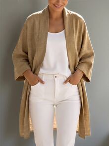 Linhara CURVE Women's Plus Size Long Cardigan Jacket, Casual Outwear Top, Solid Color Long Coat Fall - Apricot - View 5