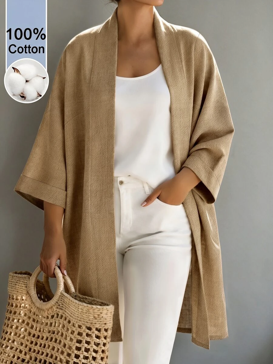 Linhara CURVE Women's Plus Size Long Cardigan Jacket, Casual Outwear Top, Solid Color Long Coat Fall - Apricot - View 1