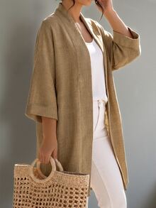 Linhara CURVE Women's Plus Size Long Cardigan Jacket, Casual Outwear Top, Solid Color Long Coat Fall - Apricot - View 6
