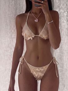 SHEIN Swim 女款性感時尚亮片繫帶比基尼兩件式泳衣 - 香檳色 - 查看 4