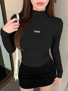 DAZY 女款長袖修身貼布設計T恤 - 黑色 - 查看 2