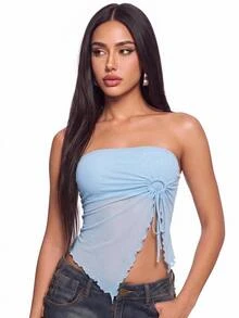 SHEIN ICON 抽繩不對稱下擺抽繩網紗抹胸上衣 - 淺藍色 - 查看 3
