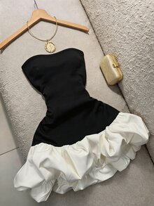 GlowEve 女款配色拼接泡泡下擺針織抹胸洋裝，附腰部收腰設計，優雅性感雞尾酒裙，適合婚禮派對、夜晚外出活動，黑白配色夏季款 - 黑與白 - 查看 3