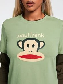 Paul Frank X ROMWE Y2K Retro Hot Girl All-Match Versatile Contrast Color 2 In 1 Print Long Sleeve T-Shirt - Green - View 7