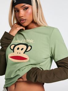 Paul Frank X ROMWE Y2K Retro Hot Girl All-Match Versatile Contrast Color 2 In 1 Print Long Sleeve T-Shirt - Green - View 6