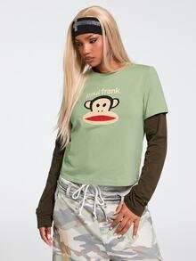 Paul Frank X ROMWE Y2K Retro Hot Girl All-Match Versatile Contrast Color 2 In 1 Print Long Sleeve T-Shirt - Green - View 4
