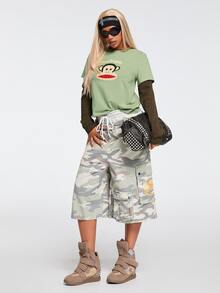 Paul Frank X ROMWE Y2K Retro Hot Girl All-Match Versatile Contrast Color 2 In 1 Print Long Sleeve T-Shirt - Green - View 3
