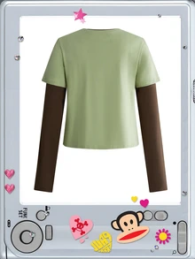 Paul Frank X ROMWE Y2K Retro Hot Girl All-Match Versatile Contrast Color 2 In 1 Print Long Sleeve T-Shirt - Green - View 10