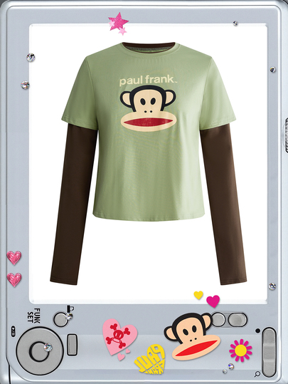 Paul Frank X ROMWE T-shirt à manches longues 2 en 1 imprimé, style rétro Y2K Hot Girl, polyvalent et facile à assortir, couleurs contrastées