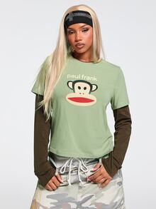 Paul Frank X ROMWE Y2K Retro Hot Girl All-Match Versatile Contrast Color 2 In 1 Print Long Sleeve T-Shirt - Green - View 1