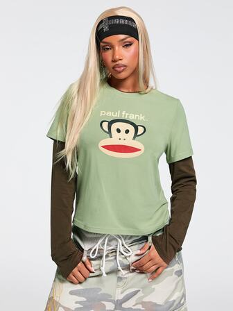 Paul Frank X ROMWE T-shirt à manches longues 2 en 1 imprimé, style rétro Y2K Hot Girl, polyvalent et facile à assortir, couleurs contrastées