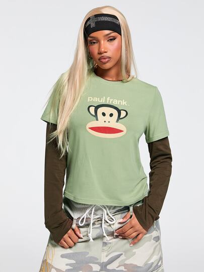 Paul Frank X ROMWE T-shirt à manches longues 2 en 1 imprimé, style rétro Y2K Hot Girl, polyvalent et facile à assortir, couleurs contrastées
