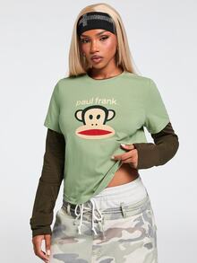 Paul Frank X ROMWE Y2K Retro Hot Girl All-Match Versatile Contrast Color 2 In 1 Print Long Sleeve T-Shirt - Green - View 5
