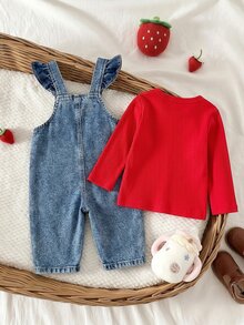2pcs/Set Baby Girl Autumn Long Sleeve Overall Pants Set, Red Ribbed Top With Ruffle Straps, 3D Strawberry Applique, Family Matching Vacation Matcha - Red - View 3