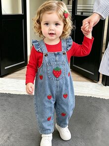 2pcs/Set Baby Girl Autumn Long Sleeve Overall Pants Set, Red Ribbed Top With Ruffle Straps, 3D Strawberry Applique, Family Matching Vacation Matcha - Red - View 2