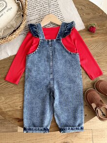 2pcs/Set Baby Girl Autumn Long Sleeve Overall Pants Set, Red Ribbed Top With Ruffle Straps, 3D Strawberry Applique, Family Matching Vacation Matcha - Red - View 6
