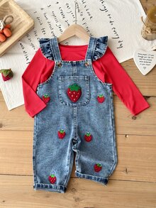 2pcs/Set Baby Girl Autumn Long Sleeve Overall Pants Set, Red Ribbed Top With Ruffle Straps, 3D Strawberry Applique, Family Matching Vacation Matcha - Red - View 5