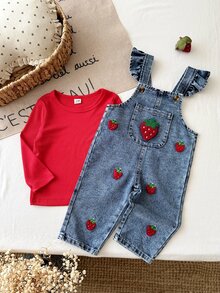 2pcs/Set Baby Girl Autumn Long Sleeve Overall Pants Set, Red Ribbed Top With Ruffle Straps, 3D Strawberry Applique, Family Matching Vacation Matcha - Red - View 7
