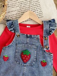 2pcs/Set Baby Girl Autumn Long Sleeve Overall Pants Set, Red Ribbed Top With Ruffle Straps, 3D Strawberry Applique, Family Matching Vacation Matcha - Red - View 9
